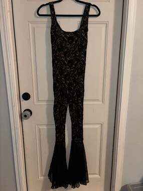 GIA by Gina Vilone Black Lace Flare Jumpsuit with Sheer Bell Bottoms